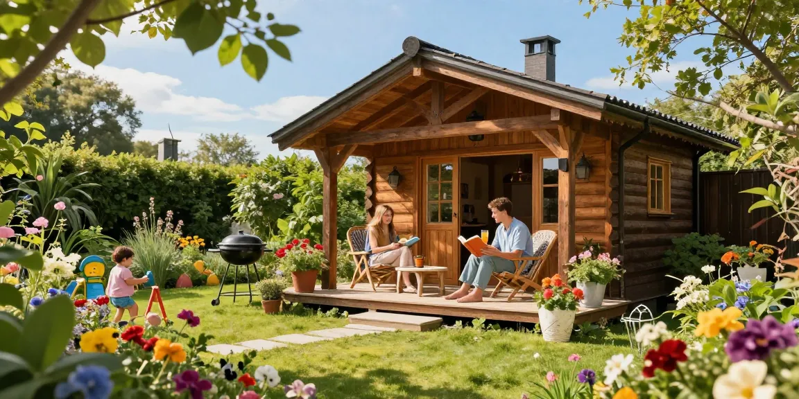 Gemütliches Gartenhaus umgeben von blühenden Pflanzen und Familie, die beim Entspannen im Garten genießt.