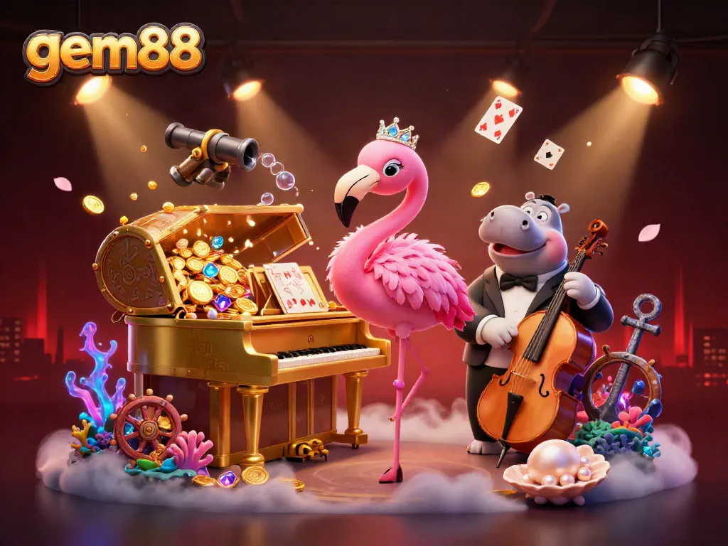 Experience gem88's vibrant casino atmosphere with cartoon characters entertaining amidst a treasure-laden scene.