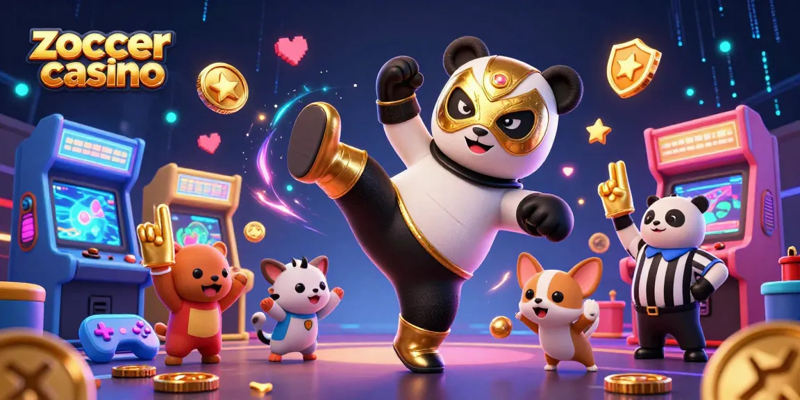 Action-packed scene at zoccer casino featuring a panda wrestler and chihuahua referee