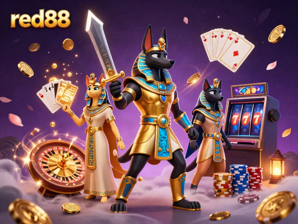 Experience vibrant gaming action in red88 with Anubis guarding treasures, shimmering coins, and lively casino elements.