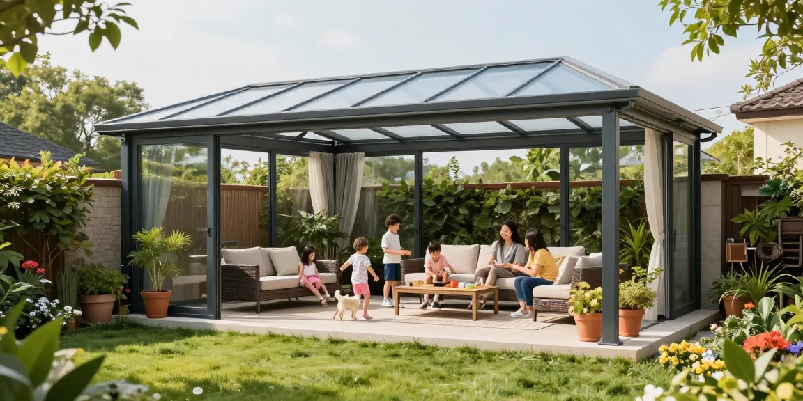 Freistehende Terrassenüberdachung im Garten mit Familie, die einen sonnigen Tag genießt.