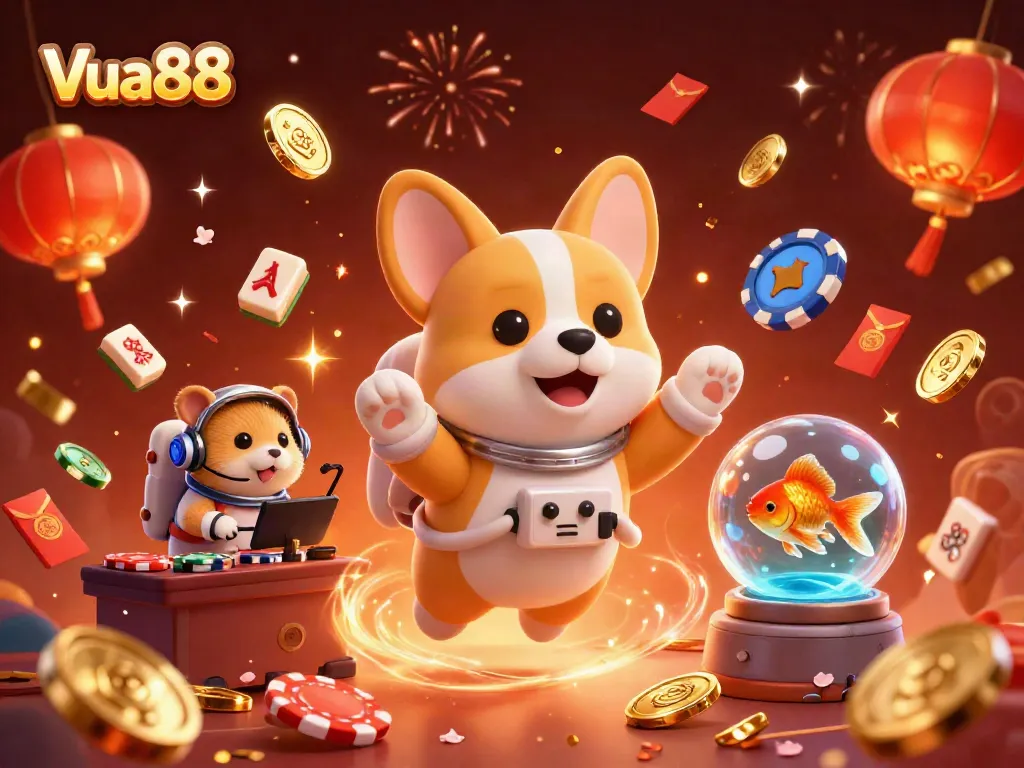 Experience the vibrant world of Vua88 as the astronaut corgi engages in space casino fun.