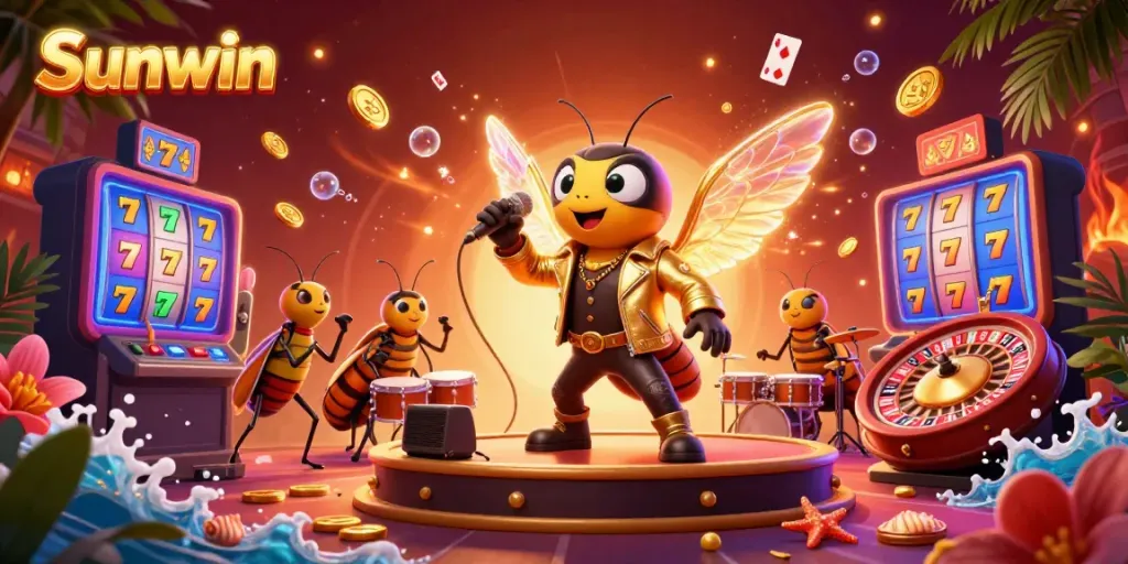 Experience the electrifying atmosphere of Sunwin's casino with a 3D cartoon cicada rock star performing amidst vibrant game elements and gold coins.