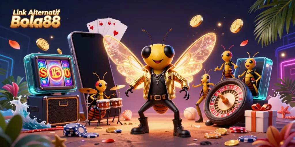 Experience Link Alternatif Bola88 with a lively scene of a rock star cicada showcasing vibrant casino elements.