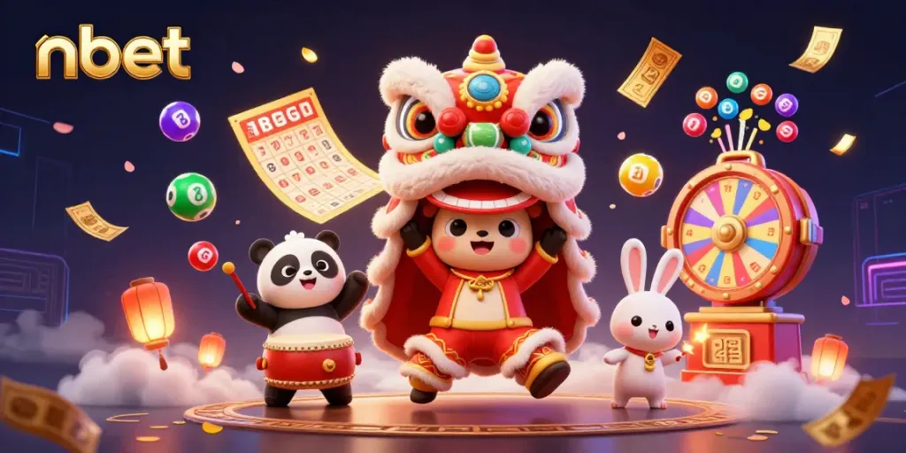 Experience vibrant casino action with nbet's dynamic characters in a colorful lion dance scene.