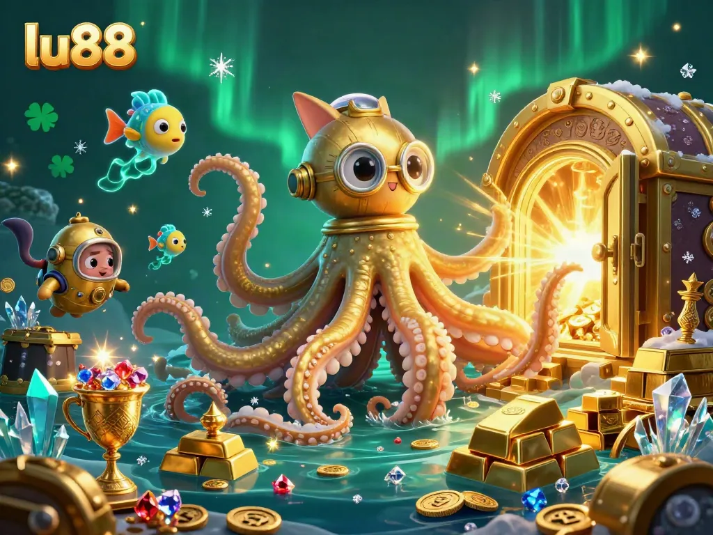 Experience the thrilling atmosphere of LU88 with a kraken and diving cat in a vibrant underwater scene