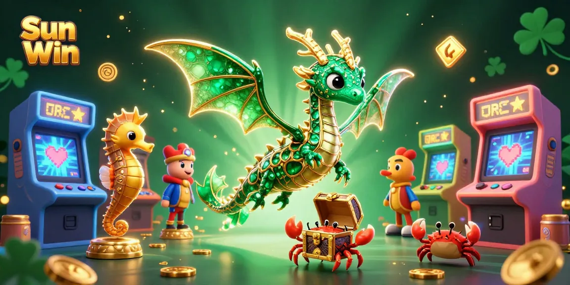 Experience Sun Win action with a vibrant 3D dragon amidst arcade games and golden treasures.